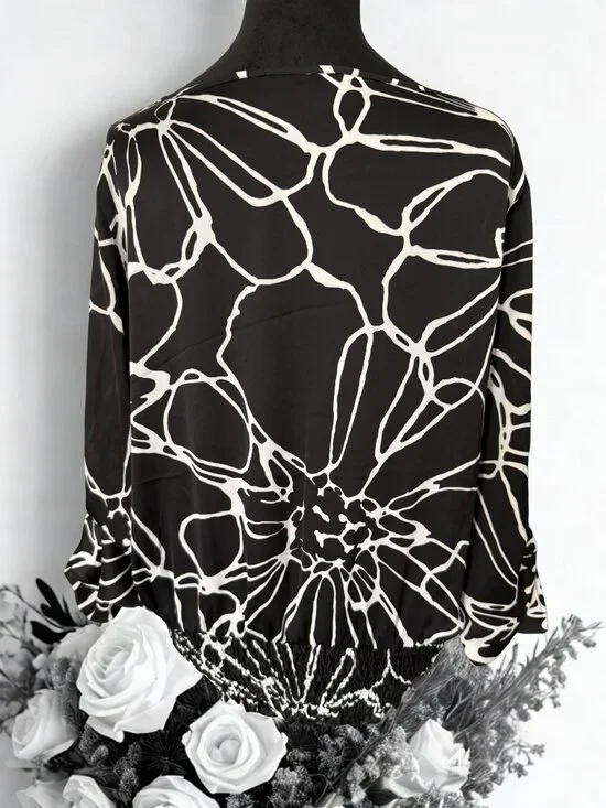 Michael Kors Black and White Gathered Sleeve Blouse - Picture 3 of 3